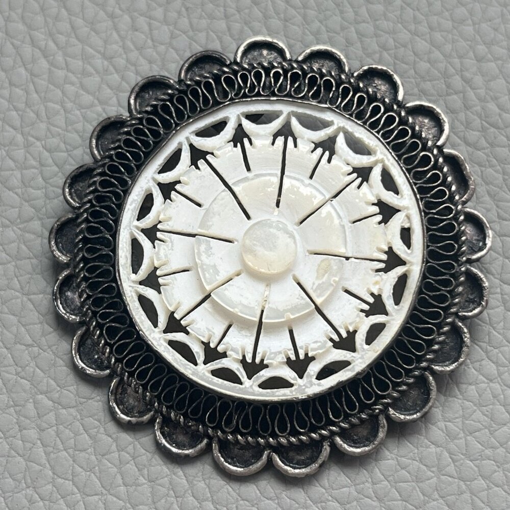 Vintage Jerusalem 950 Sterling Silver Filigree Brooch Carved Mother of Pearl